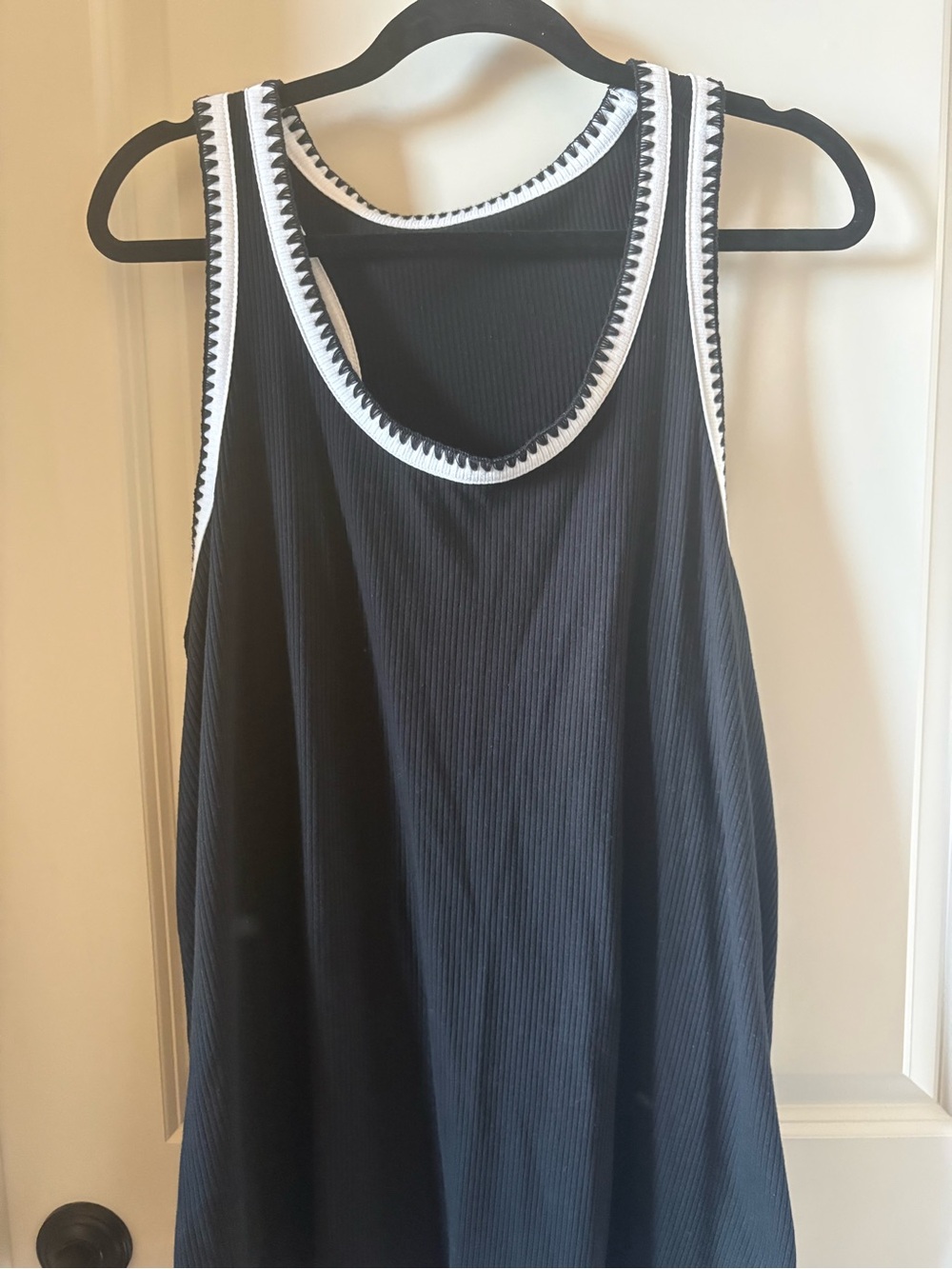 Livi Active Black Ribbed Tank with White Zigzag Trim